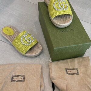 Gucci Lime Green Woven Slides with Crystal Logo